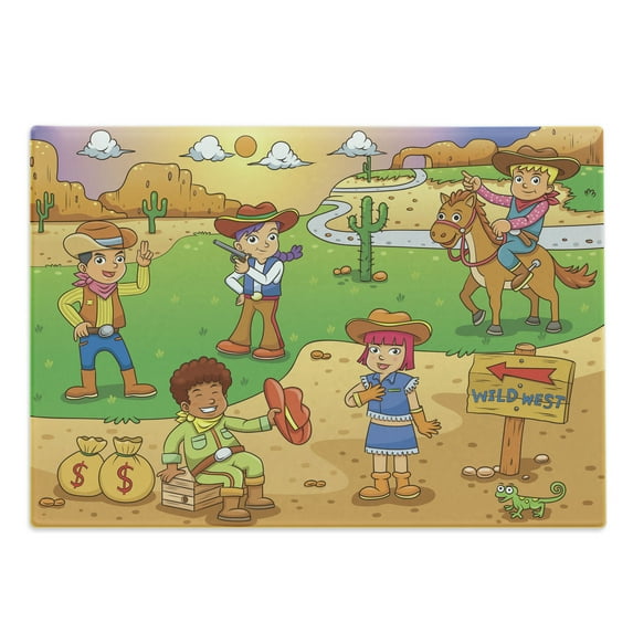 Cartoon Cutting Board, Image of Cowboy Wild West North America Culture Design, Decorative Tempered Glass Cutting and Serving Board, Large Size, Brown Green, by Ambesonne