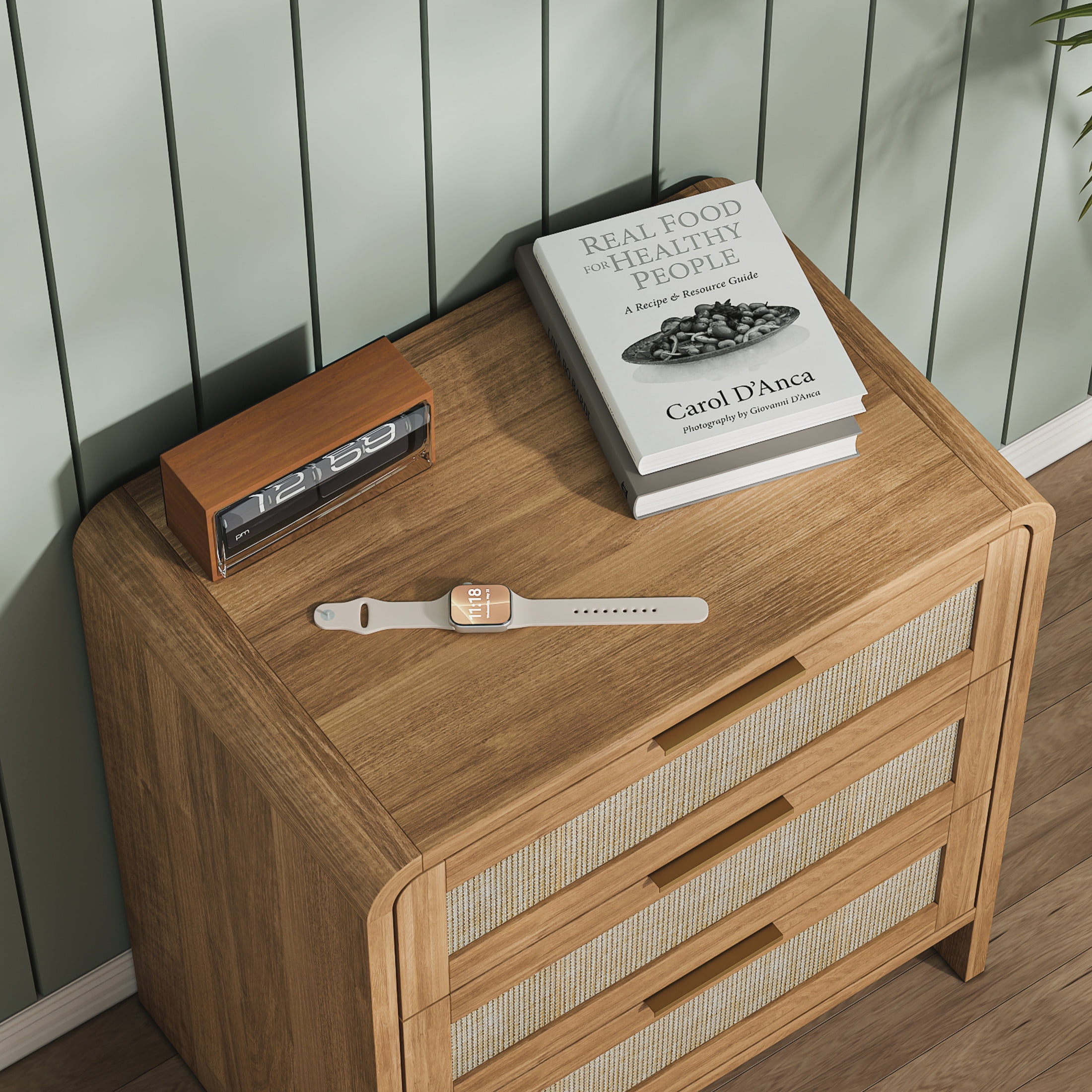 Noble House Felix 23" Rattan Wooden Nightstands, 3-Drawer Curved Bedside Tables with Gold Handles, Caramel