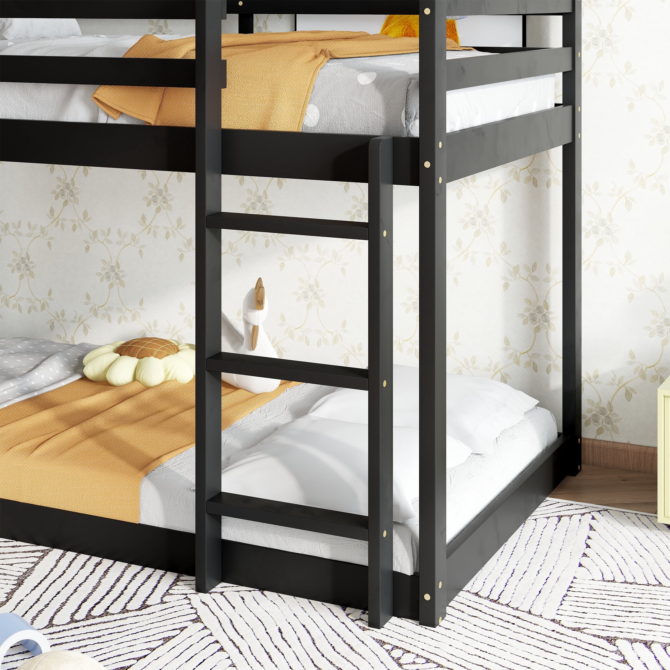 PORKISS Bunk Bed Twin Over Twin, Kids Low Floor Bunk Bed with Guard Rails for Children Boys Girls Dormitory Bedroom, Rubber Wood Bunk Bed, No Box Spring Needed, Black #
