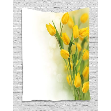 Famous Flower - Yellow Flower Tapestry, Romantic Tulip Bouquet Famous Plant of Netherlands Botanical Theme, Wall Hanging for Bedroom Living Room Dorm Decor, 40W X 60L Inches, Mustard Fern Green, by Ambesonne