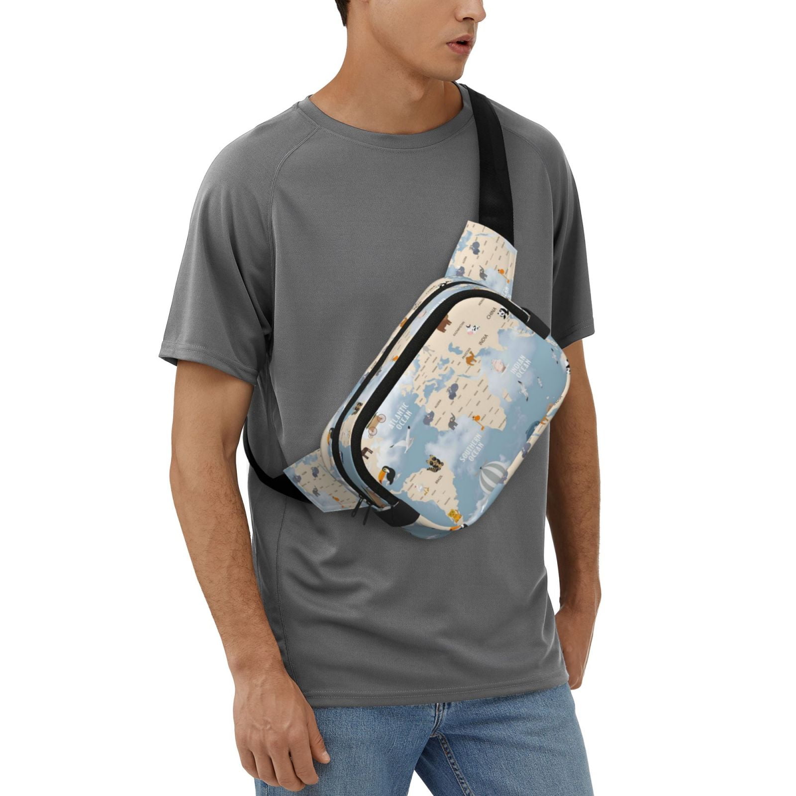 Picia Animals Travel World Map Print Square Double-Layer Waist Bag Mini Adjustable Waist Belt Bag Exercise Running Travel Hiking