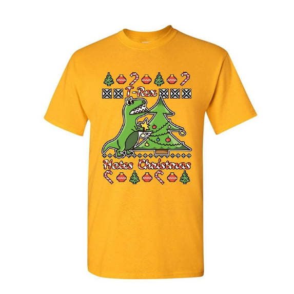Tee Hunt T-Rex Hates Christmas T-Shirt Funny Xmas Ugly Sweater Dinosaur Mens Shirt, Yellow, Medium