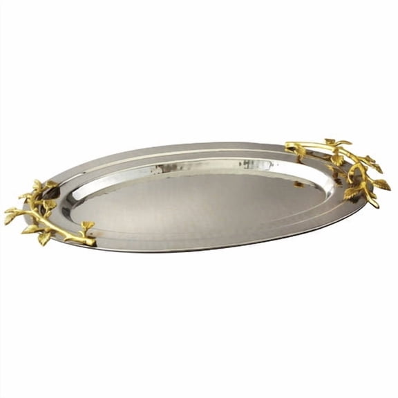 Leeber 70037 Elegance Gilt Leaf Oval Hammered Stainless Steel Tray, 16.5 x 10 in.
