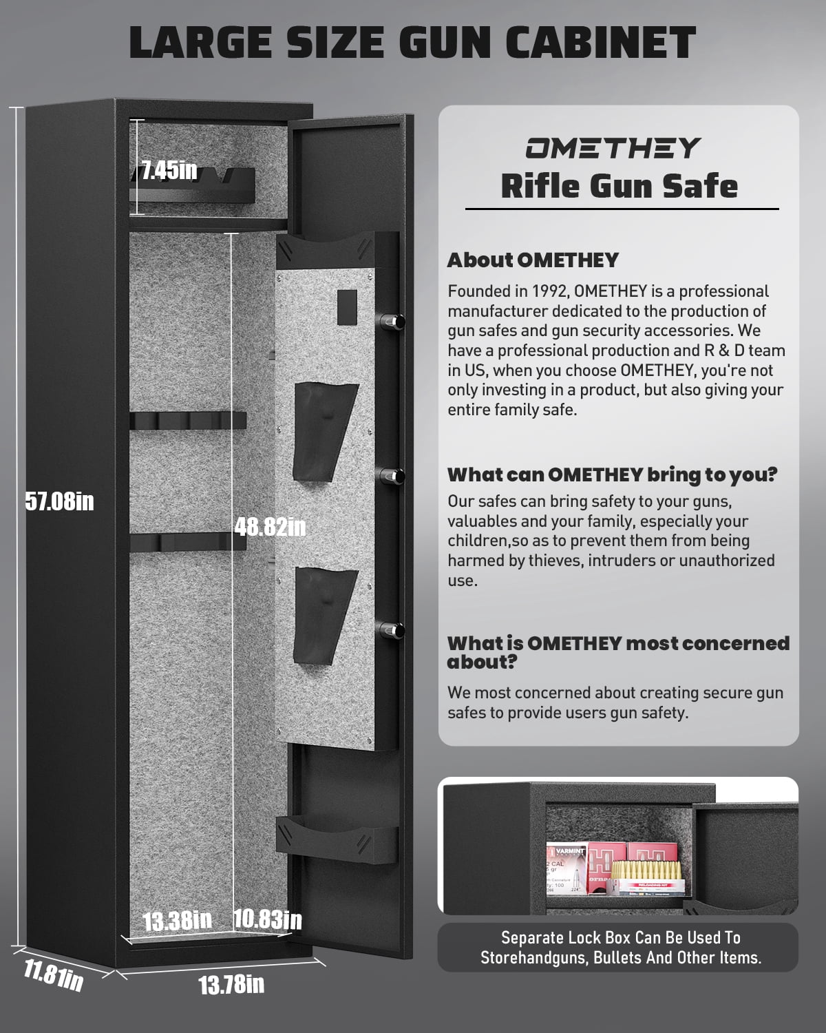 Riflewell 4-5 biometric gun safe, a long gun cabinet for household shotguns, pistols, and shotguns, equipped with detachable partitions, fire and smash resistant, dual alarm and silent modes