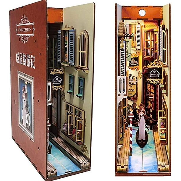 Puzzle 3D Bois Kit de Coin de Livre Bricolage Maquette de Maison Book Nook  avec Lumière LED Kit pour Étagère Serre-Livres Décor Maison Bureau Cadeaux