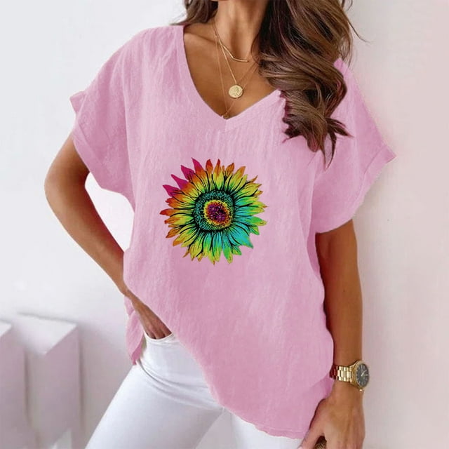 Fiudx Liquidación de Ahorros de Verano Camiseta de Manga Corta con Mangas Informales de Algodón y Cáñamo con Cuello En V y Estampado de Girasoles para Mujer