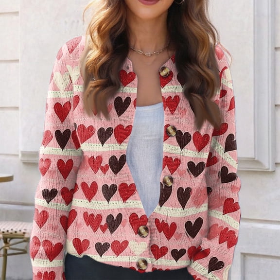 Women's Cardigan Valentine's Day Cute Love Heart Graphic Knit Lightweight Crewneck Button Sweater Valentines Day Sweater