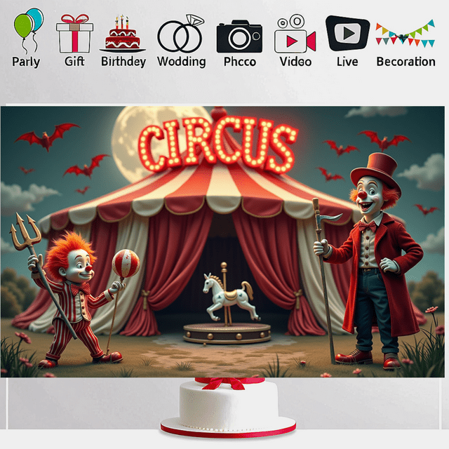 Bannière de Cirque à Thème Coloré Design Clown Éléments Décoratifs Rideaux Rouges Décoration de Fête Carnaval pour Enfants Fête Décoration Intérieure Célébration d'Anniversaire