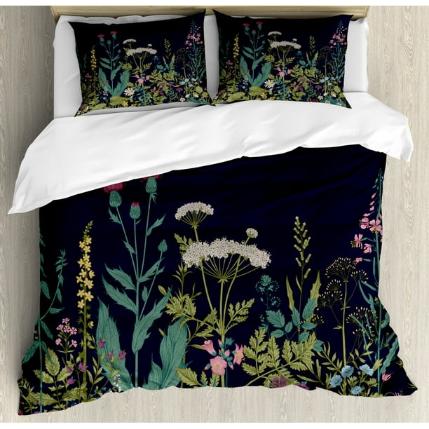 Botanical King Size Duvet Cover Set, Blossoming Meadow Artwork with