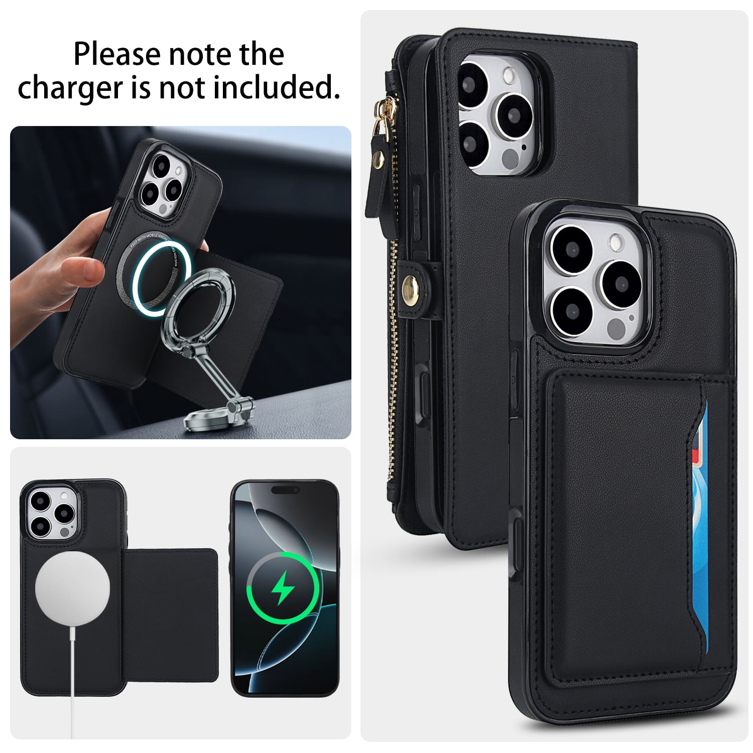 Designed for iPhone 15 Pro Multi-Function Wallet Phone Case,With Shoulder Strap&Wrist Strap,Cash Pocket&Card Slots,Zipper Purse,Magnetic Detachable PU Leather Flip Phone Case,Black