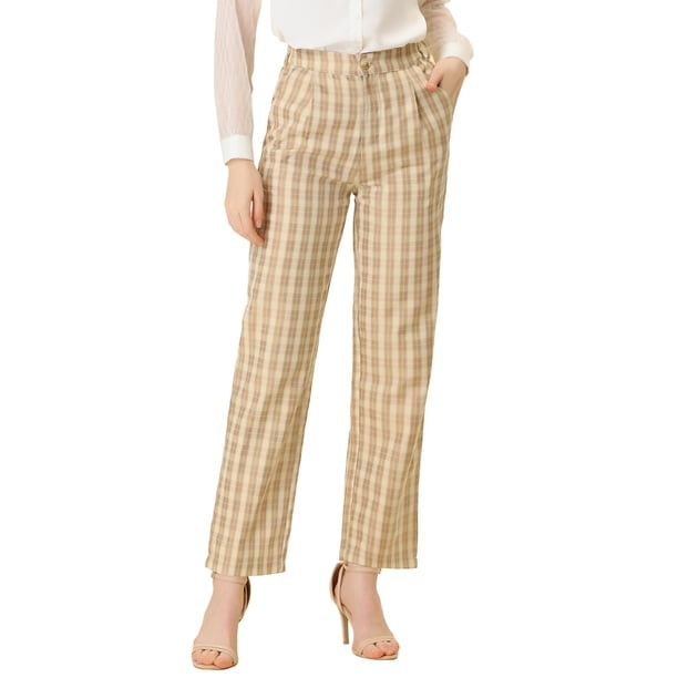 INSPIRE CHIC Pantalones a cuadros casuales para mujer, bolsillos, pierna recta, trabajo, oficina, pantalones Beige caqui claro XL