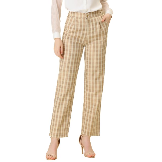 INSPIRE CHIC Pantalones a cuadros casuales para mujer, bolsillos, pierna recta, trabajo, oficina, pantalones Beige caqui claro XL