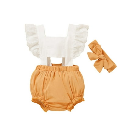 

EYIIYE Baby Girl Summer Sleeveless Patchwork Ruffle Romper Jumpsuit with Headband Outfits Set