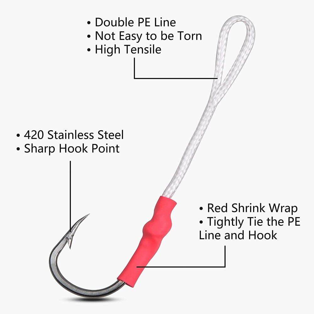 50PCS Stainless Steel Assist Hooks Jigging Fishing Hook with PE Line 1/0-10/0