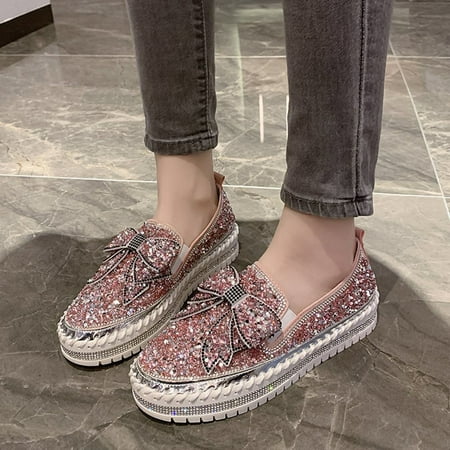 

Summer Savings Clearance UMfun Women s Fashion Slip-On Sneakers Rhinestones Glitter Shoes For Women Platform Loafers Cute Bowknot Flat Casual Shoes For GirlsPink