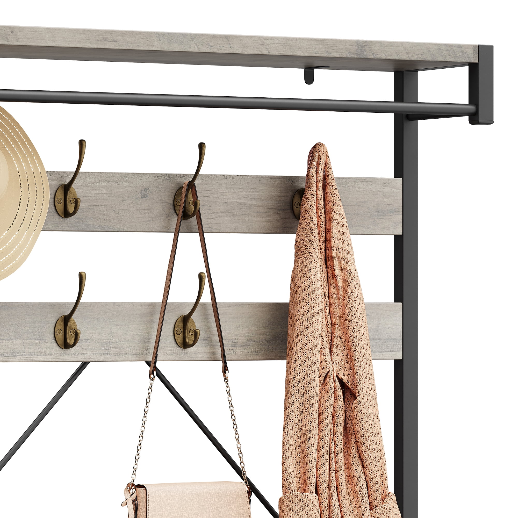 EastVita Coat Rack Shoe Bench Industrial Hall Tree Storage Bench for Entryway Wood Look Accent Large Shoe Rack Bench with Storage Shelf Hanging Bar,8 Hooks Grey 39.9"x15.7"x72"