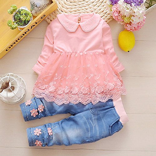 Peacolate 6M-4Years Spring Autumn Baby Girls Sets Denim 3 Pcs Clothes Long Sleeve T-Shirt Denim Jacket and Jeans,Orange Lace,2-3Years