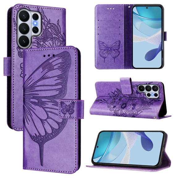 ELEHOLD for Samsung Galaxy S26 Ultra PU Leather Wallet Flip Case, Cute Butterfly Fold Kickstand Cover with Strap, Lightpurple