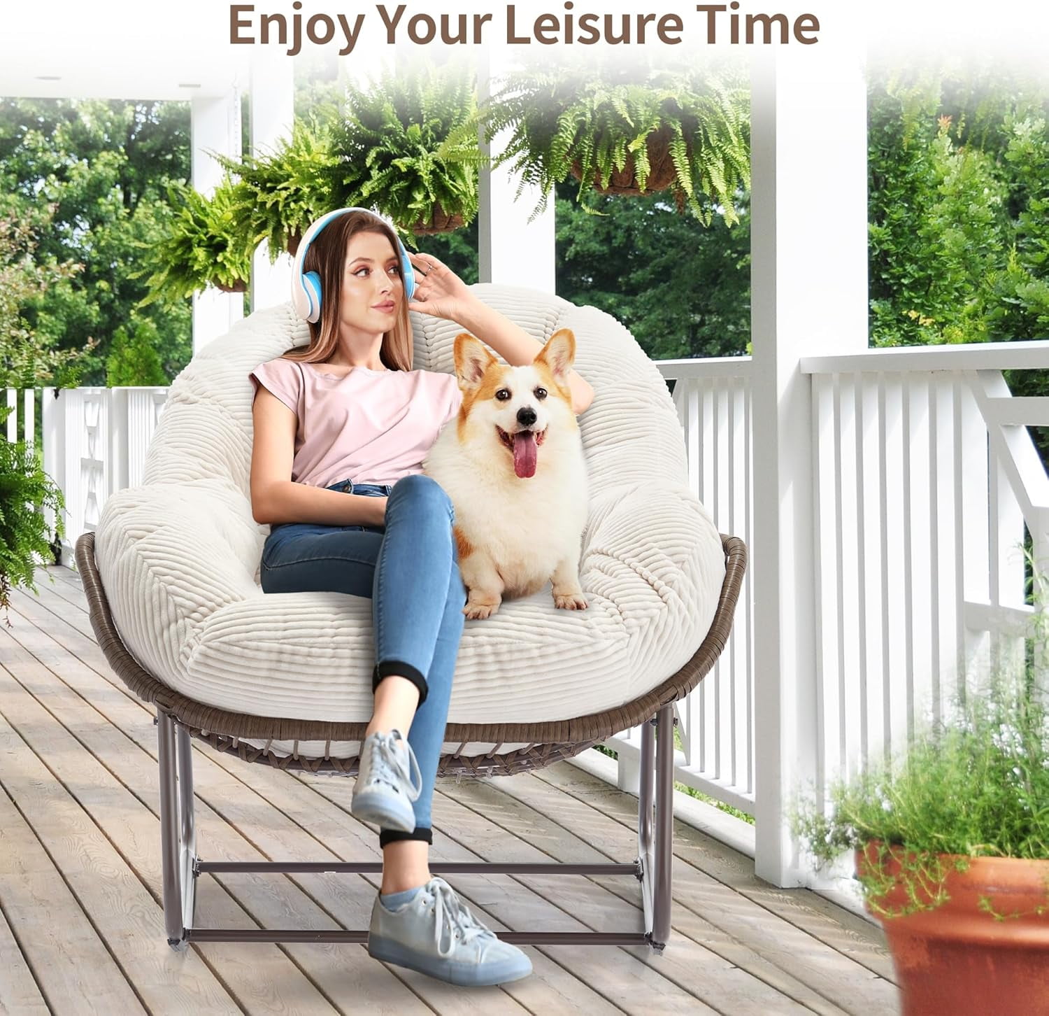 MOONMISS Outdoor Patio Rattan Oversized Rocking Chairs Set of 2 with Corduroy Padded Cushion-White
