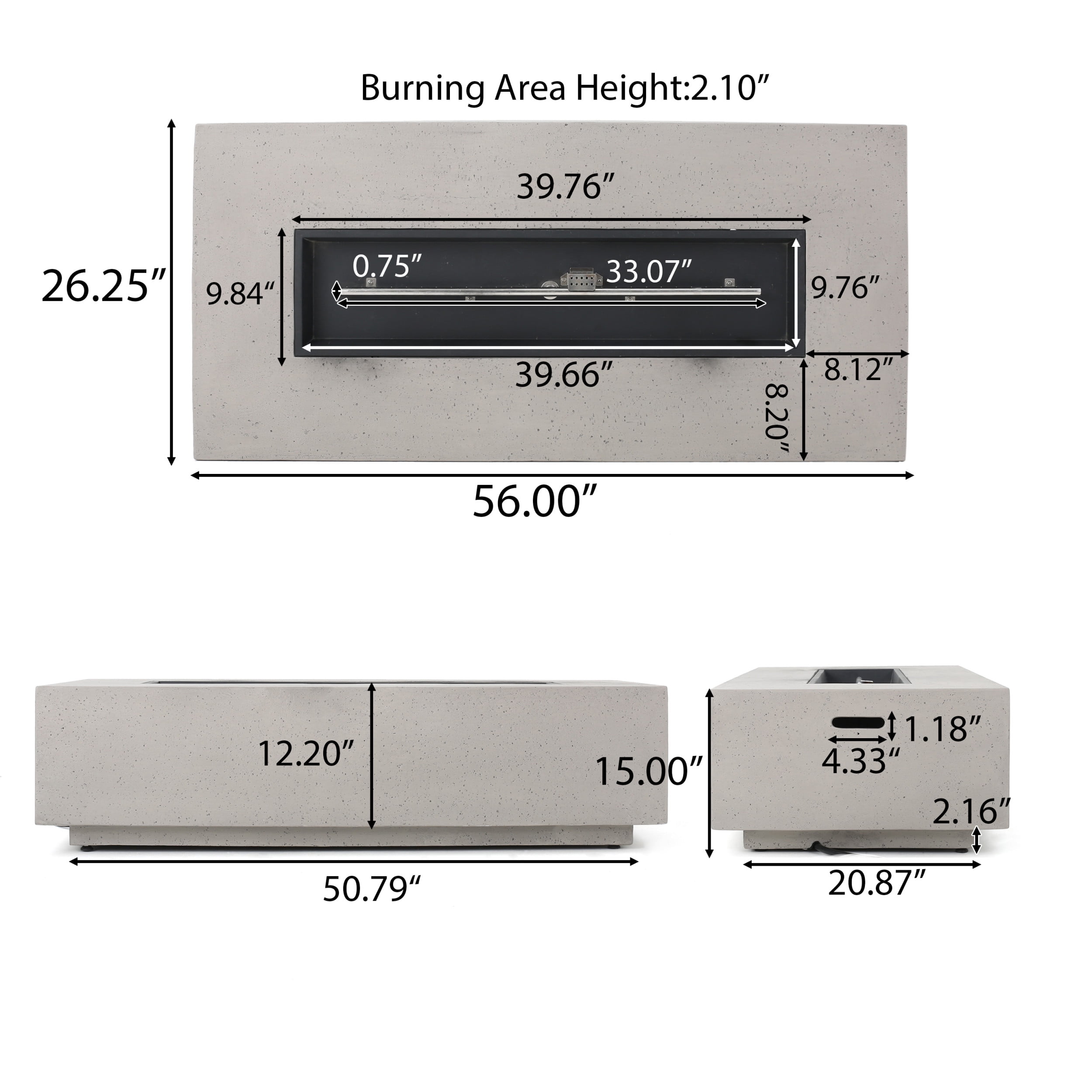 Mayfair Lightweight Concrete Outdoor 50,000 BTU Rectangular Fire Pit (No Tank Holder), Light Gray