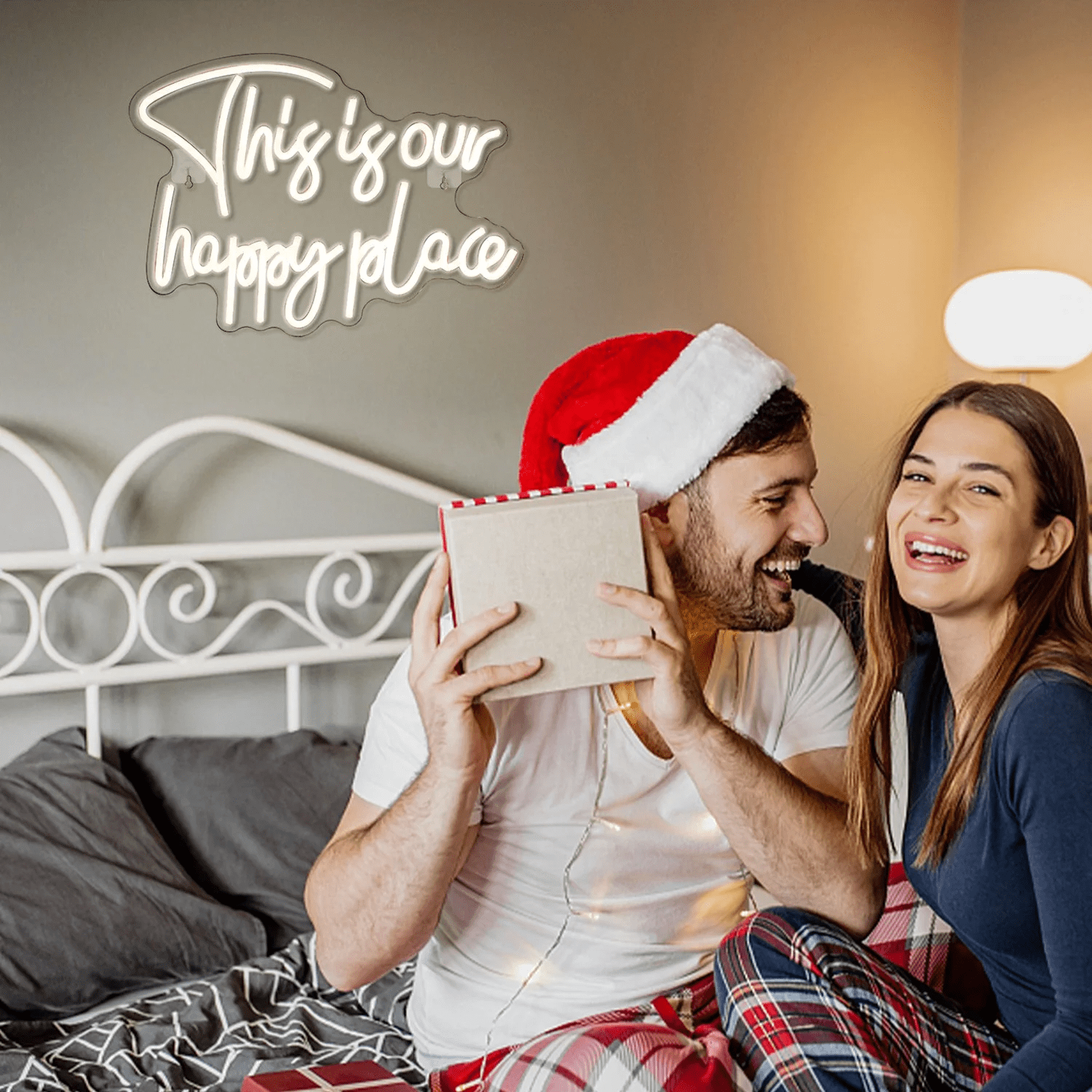 Our Happy Place LED Neon Sign for Wall Decor, USB Power Led Neon Lights for Bedroom, Birthday Wedding Party Decoration Neon Sign for Selfie Point - 13.7x10.6 Inch - Warm White