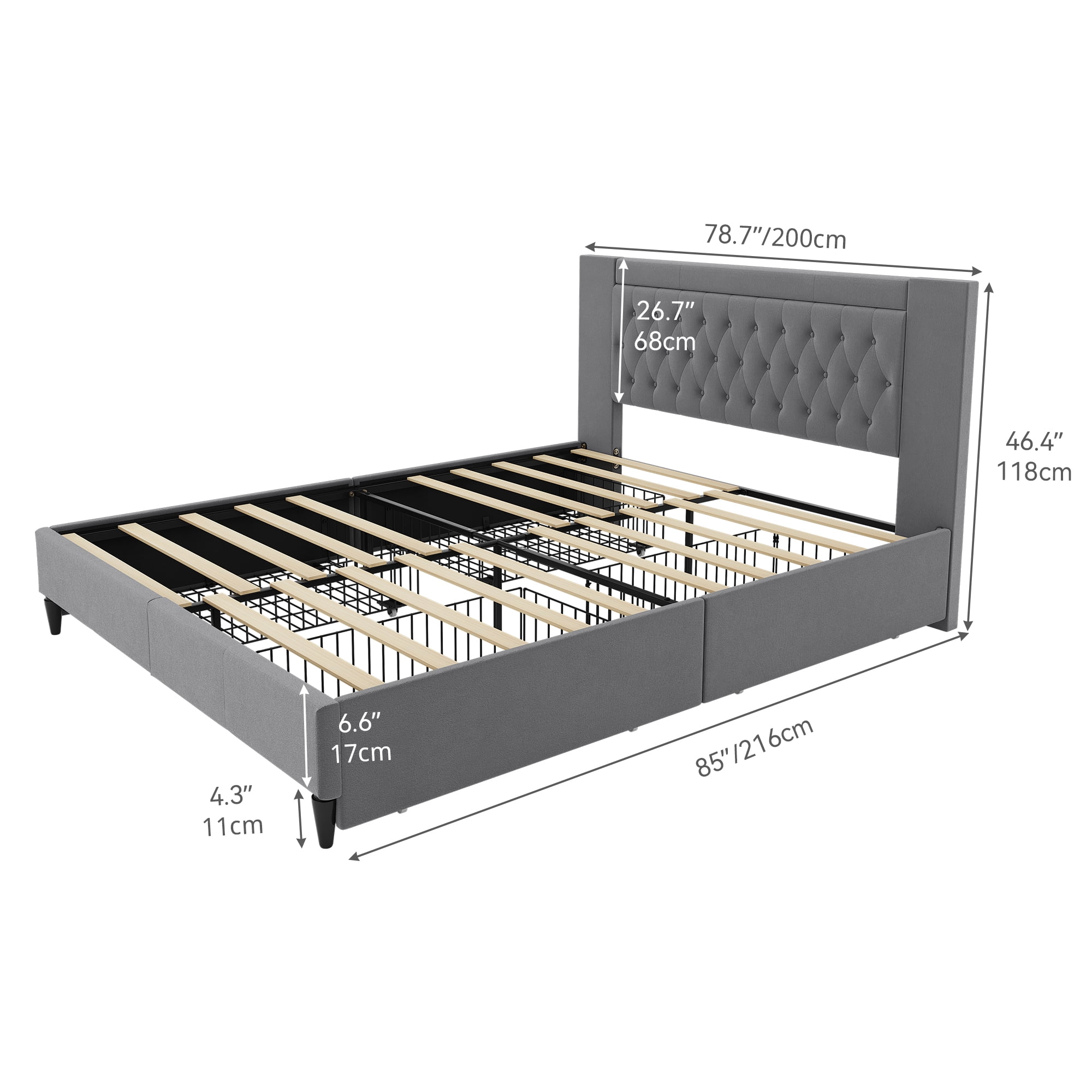 Dextrus King Size Storage Bed Frame with Button Tufted Headboard, No Box Spring Needed, Grey