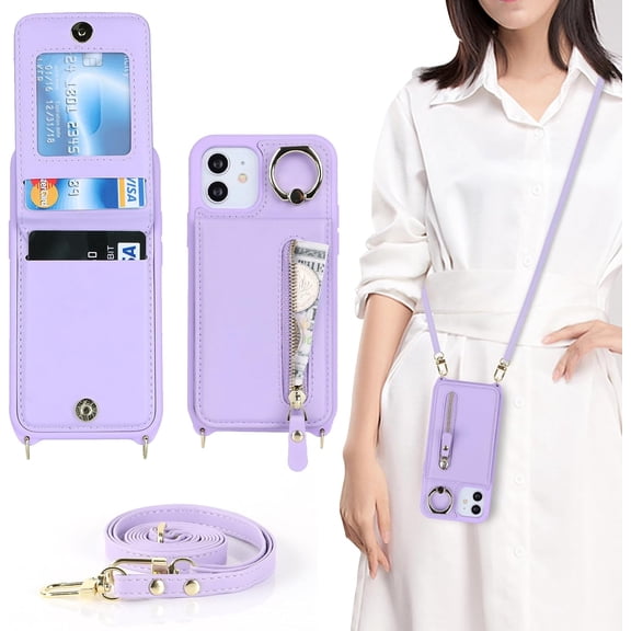 iPhone 12 Mini Case with Card Holder for Women, iPhone 12 Mini Phone Case Wallet with Strap Credit Card Slots Crossbody with Kickstand Zipper Case for iPhone12mini - Purple