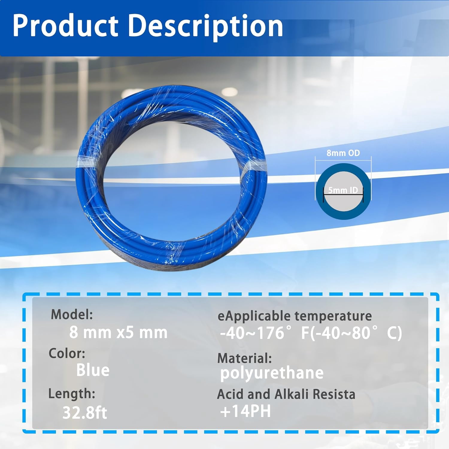 PNEUMATIC Blue 8mm OD 5mm ID Polyurethane PU Air Hose Pipe Tube 10 Meter 32.8ft for Air Line or Fluid Transfer Blue