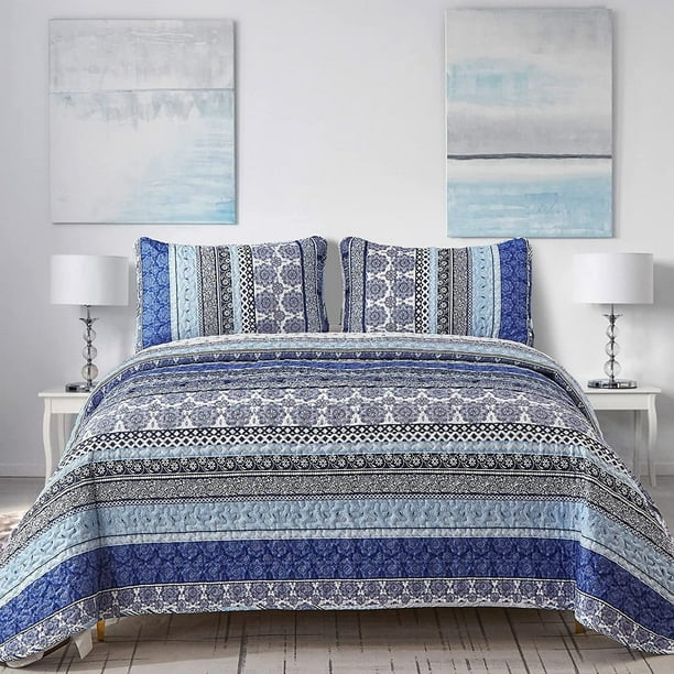 Juego de edredón WONGS BEDDING, color azul bohemio, tamaño completo, 3 piezas