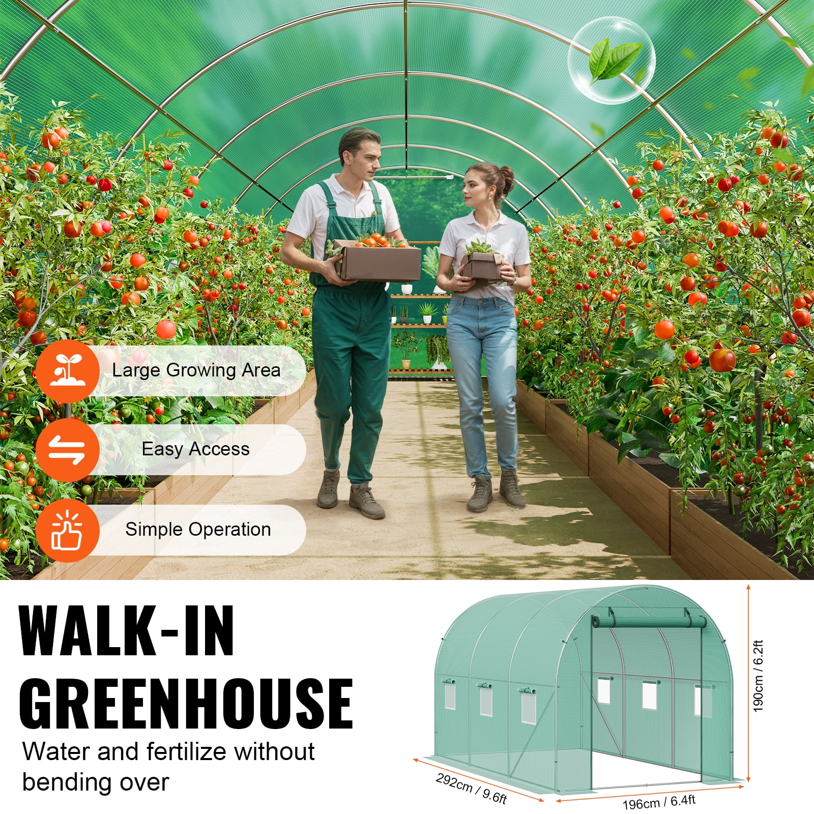 KFFKFF Stroll-In Tunnel Greenhouse, Dimensions 9.6x6.4x6.2 ft, Hoop House Greenhouse Passage, Plant Warm House with Galvanized Steel Structure, Green PE Shield, Roll-Up Zipper Entrance and 6 Windows