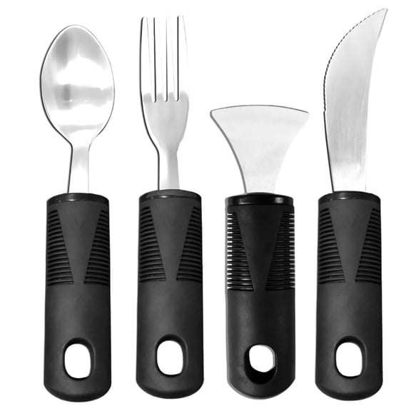 Weighted Adaptive Utensils Set of 4, Stainless Steel Utensils for Hand Tremors with Anti-Slip Rubber Grip, Utensils for Parkinson's Patients, Heavy Duty Adaptive Silverware for Elderly, Black