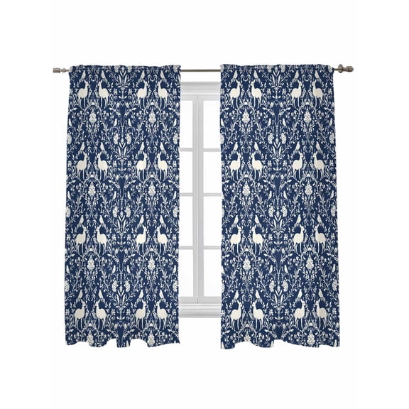 Navy Blue Boho Elk Curtains 63 Inch Length, Sheer Curtains for Bedroom Living Room Window Middle Century Vintage Botanical Rod Pocket Voile Drapes Kitchen Curtains Small Half Window 42"x63" 2 Panels
