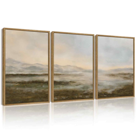 Drsoum Vintage Wall Art Rustic Foggy Mountain Landscape Scenery Home Decor Retro Wilderness Decorations for Bedroom 12x16in3pcs Brown Framed