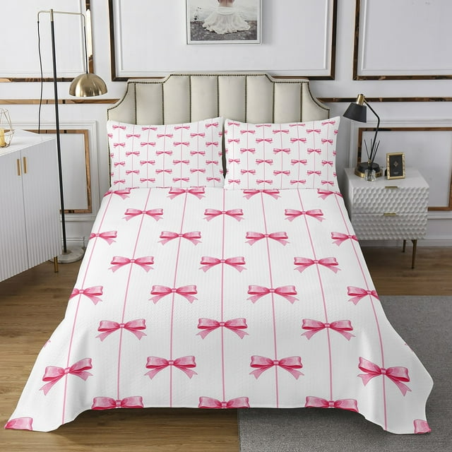 Erosebridal Bowknot Coverlet Set King for Teens, Princess Ribbon Bedding Set, Cartoon Decor 3pcs