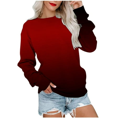 JWZUY Womens Gradient Sweatshirts Slouchy Outwear Basic Tops Round Neck Long Sleeve Sweatshirt Classic Jumper Wine XXL