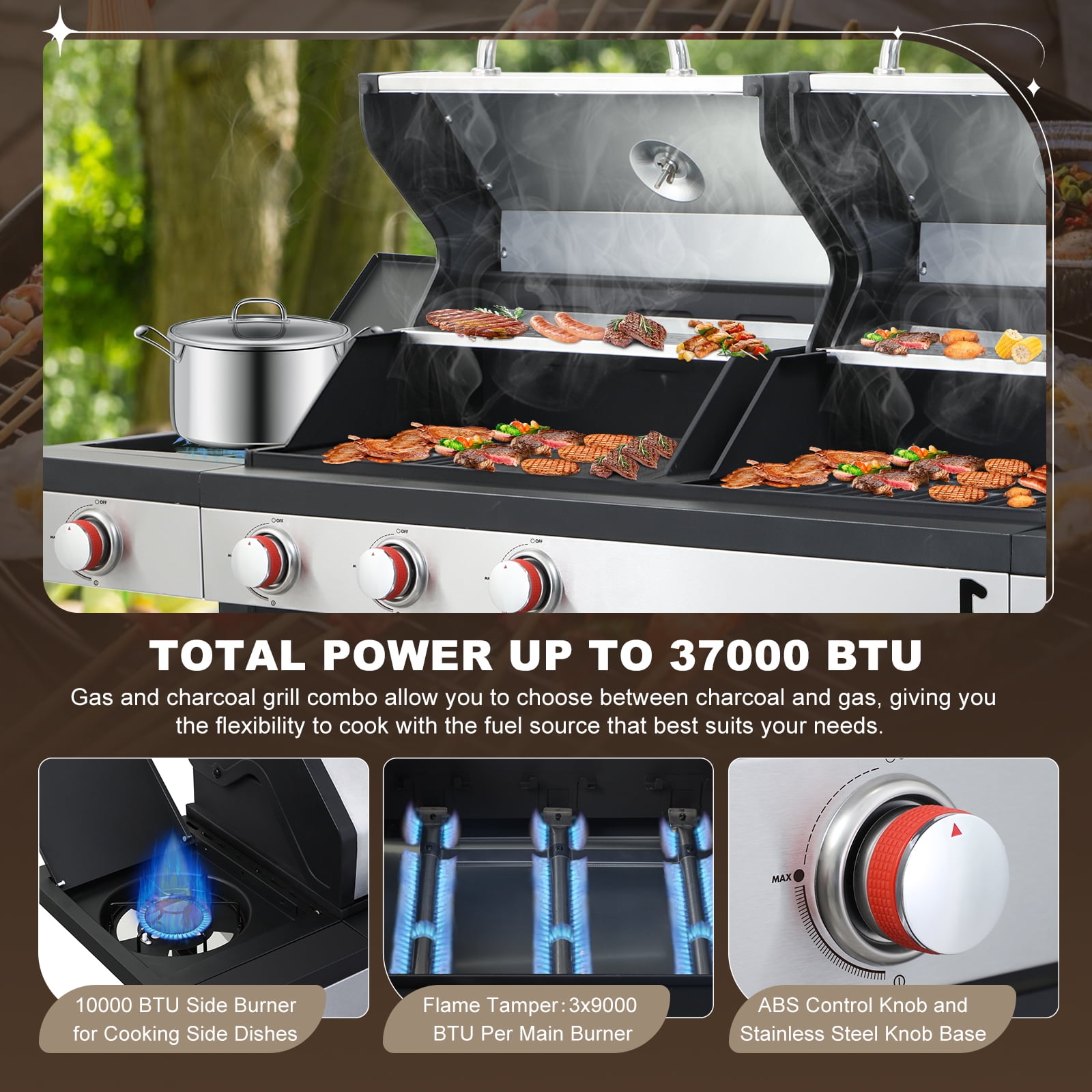 Nice Cooker Gas and Charcoal Combo Grill with Side Burner, 37,230 BTU Outdoor BBQ Grill with Porcelain-Enameled Cast Iron Grates and Plate, Thermometer, Storage Cabinet Rack for Outdoor Patio, Garden
