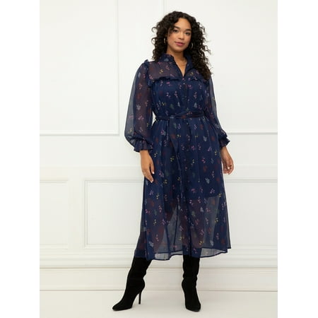 ELOQUII Elements Women's Plus Size Midi Shirtdress With Ruffles