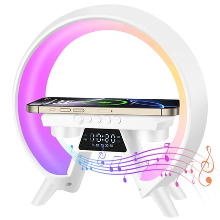 Alarm Clock, 4 in 1 Digital Alarm Clock with Wireless Charger&RGB Dimmable Night Light&Bluetooth