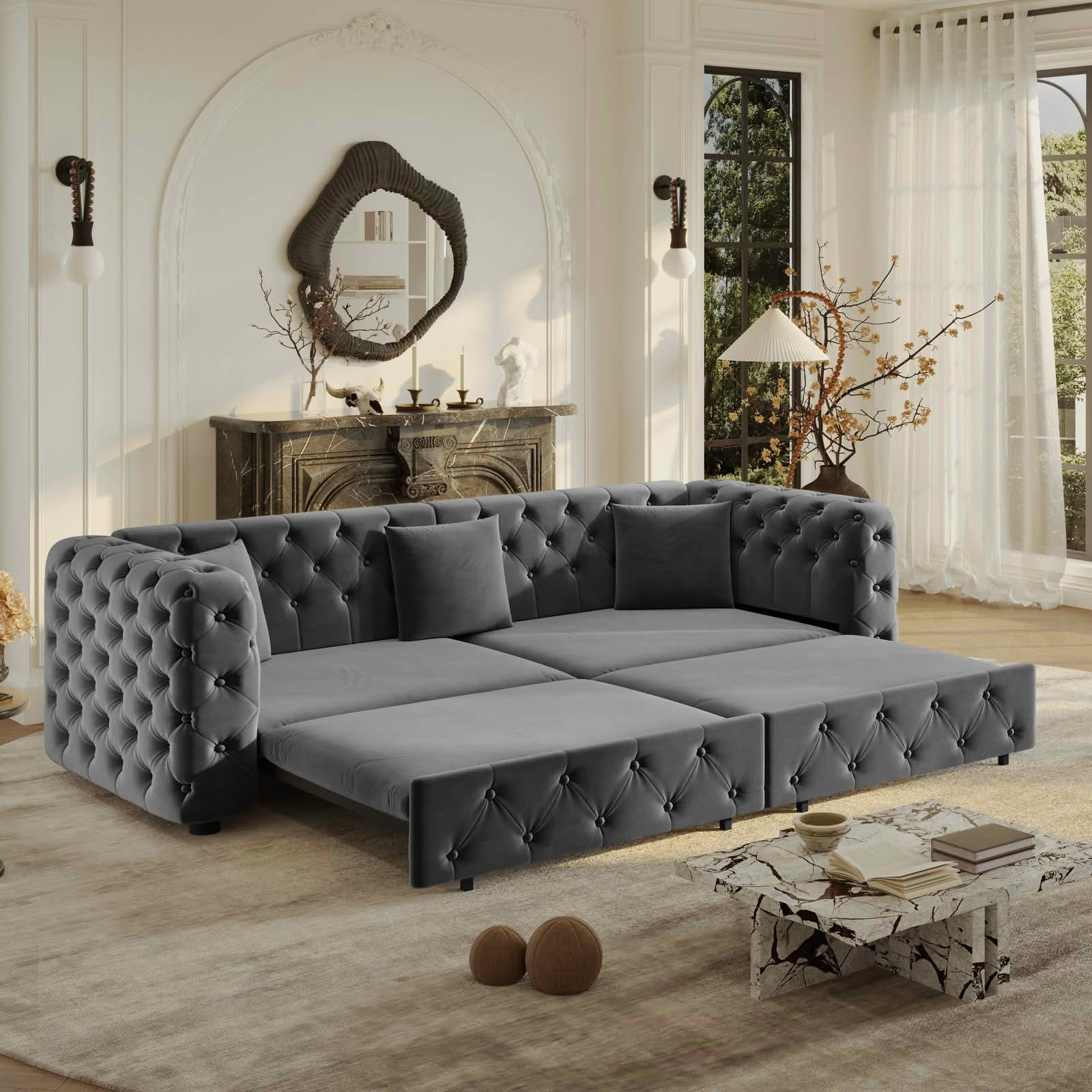 MAYEERTY 89" 4‑Seater 3‑in‑1 Pull‑Out Velvet Sofa Bed, Classic Tufted Multifunctional Couch with 3 Throw Pillows for Apartment & Living Room