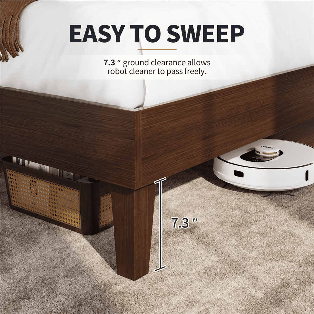 Yaheetech Queen Size Solid Wood Platform Bed Frame with Slat Support, Dark Walnut