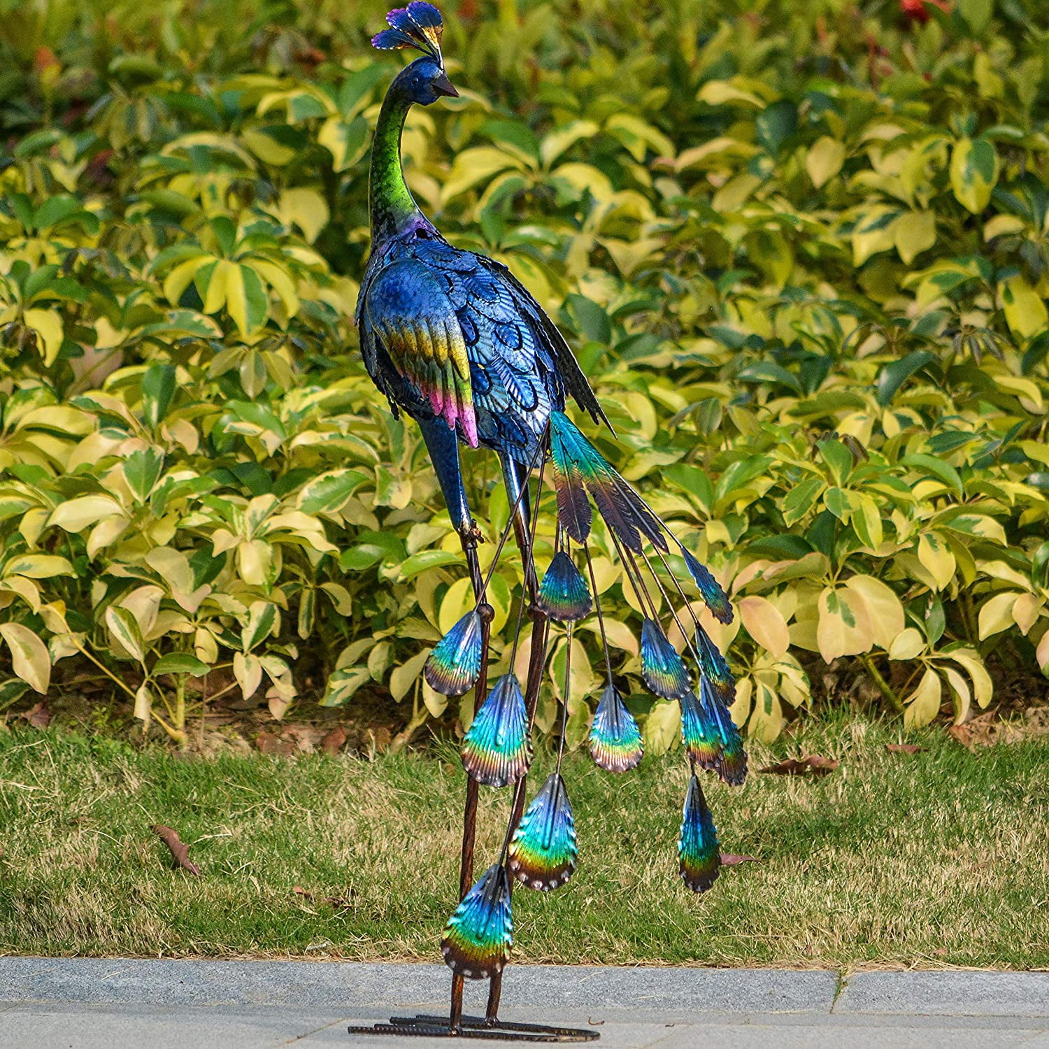 Teresa's Collections 35.04''H Large Peacock Garden Sculpture & Statue for Outdoor Decor Sturdy Metal Yard Art for Garden Decor Tall Blue Lawn Ornament for Party Patio Lawn Decor