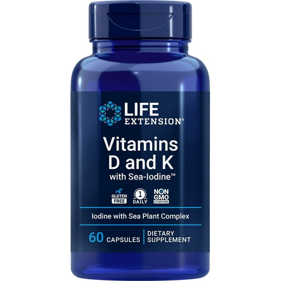 Life Extension®, Vitamins D and K with Sea-Iodine™, 5000 IU vitamin D, 2100 mcg K1, K2, 1000 mcg iodine, 60 capsules