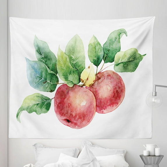 Fruits Tapestry, Watercolor Art Style Branch with Green Leaves and Ripe Organic, Fabric Wall Hanging Decor for Bedroom Living Room Dorm, 5 Sizes, Dark Coral Green White, by Ambesonne