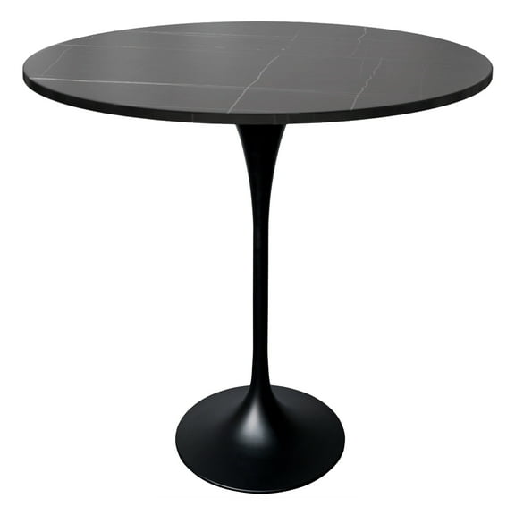 LeisureMod 48" Round Bar Height Dining Table with Sintered Stone Top Pub Table and Black Stainless Steel Pedestal Base for Modern Kitchen and Dining Room Verve Collection in Black Marbleized