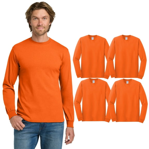 Gildan Men’s Heavy Cotton Hi-Vis Long Sleeve T-Shirt, Crew Neck Workwear, Safety Orange, 4-Pack, XL