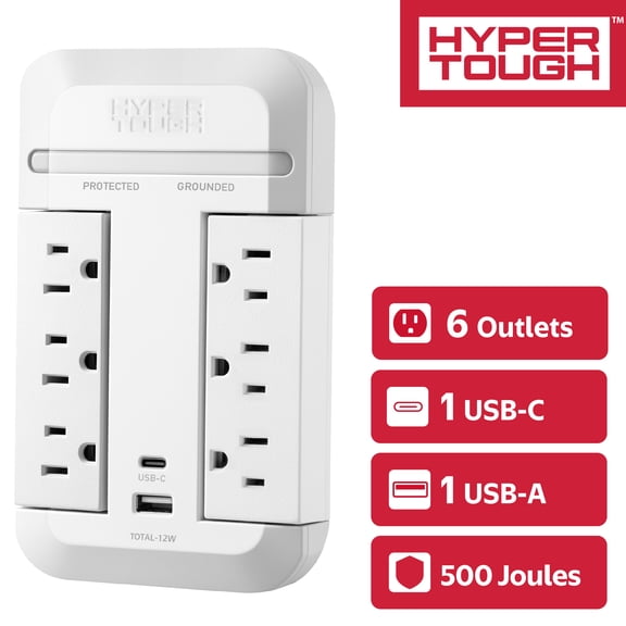 Hyper Tough WM-30641 Swivel Surge Tap, 6 Outlets and 2 USB Ports with Phone Shelf, White