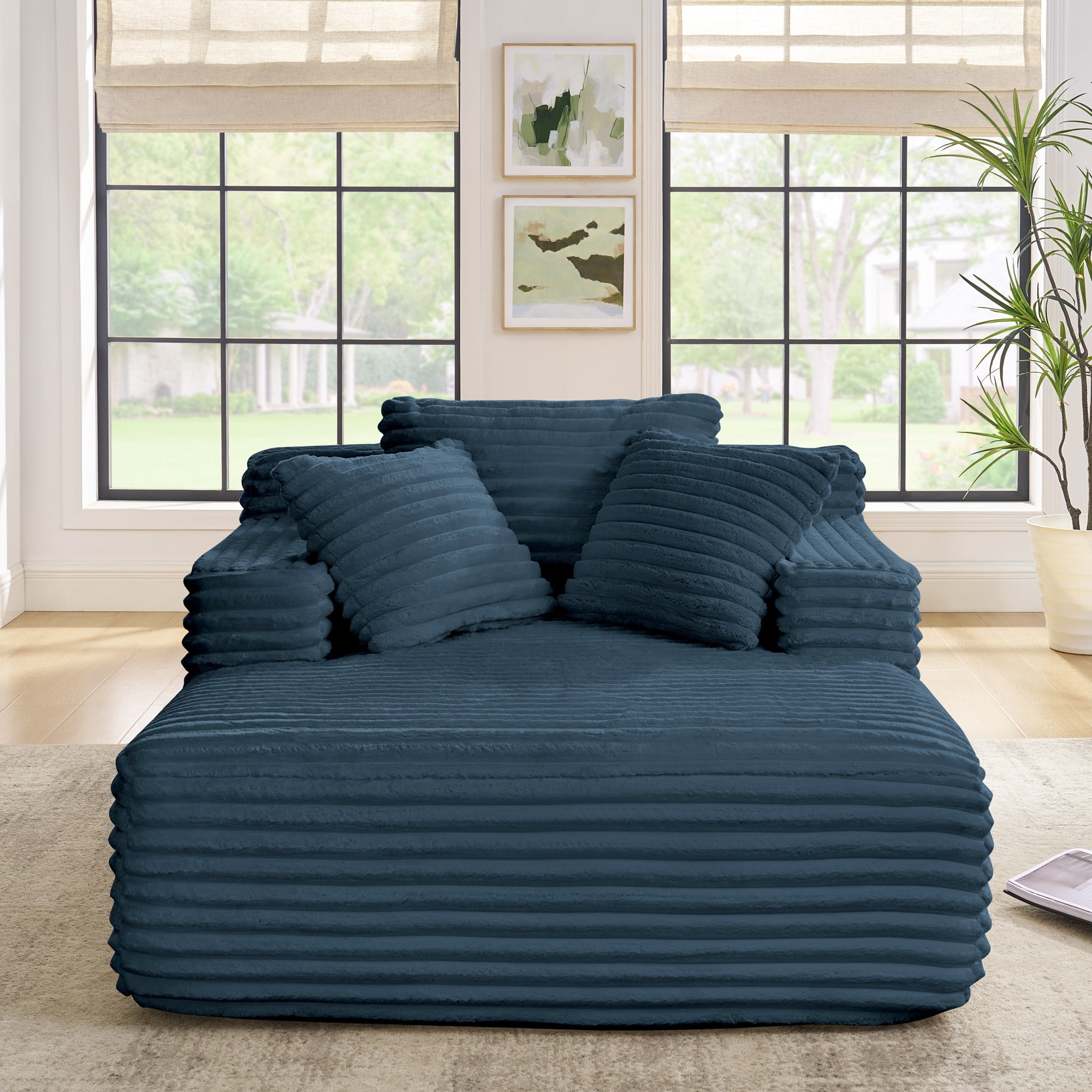 Leumius Oversized Chaise Lounge Chair,Corduroy Upholstered Cloud Couch Compressed Sofa Bed with Deep Seat for Living Room,No Assembly,Blue