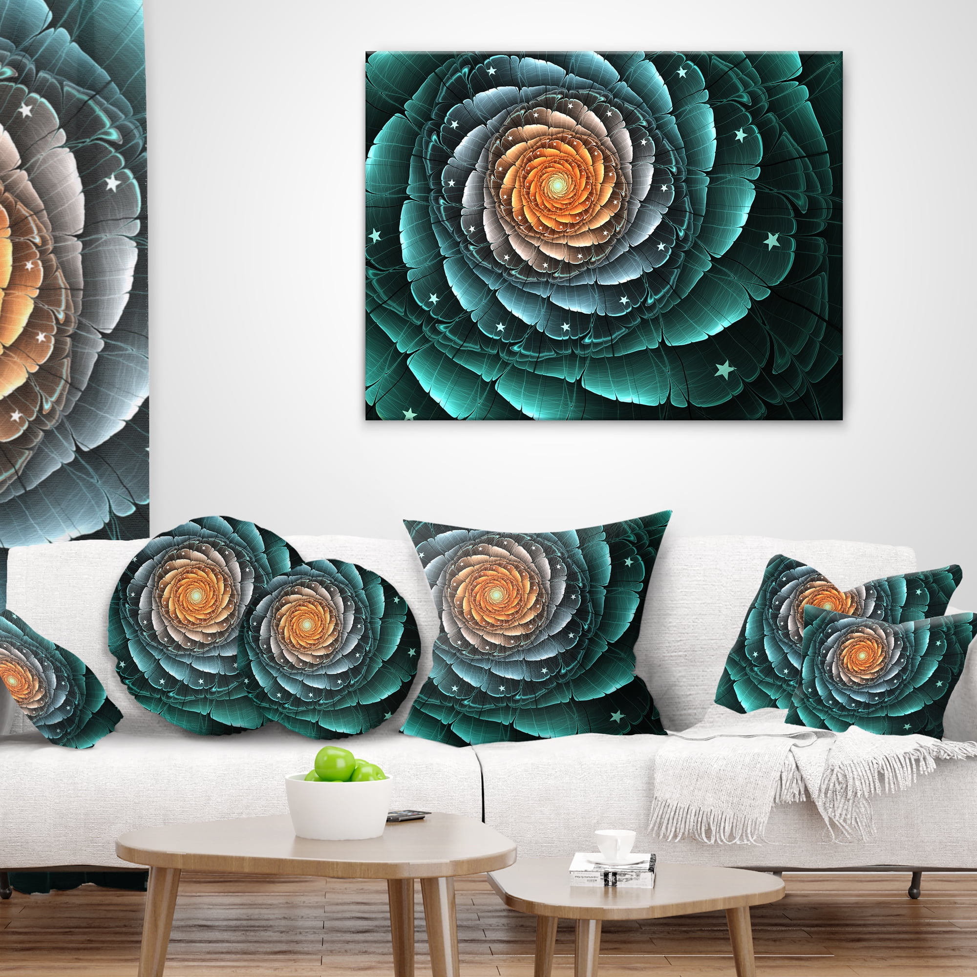 Designart Fractal Flower Turquoise Digital Art - Floral Throw Pillow - 12x20