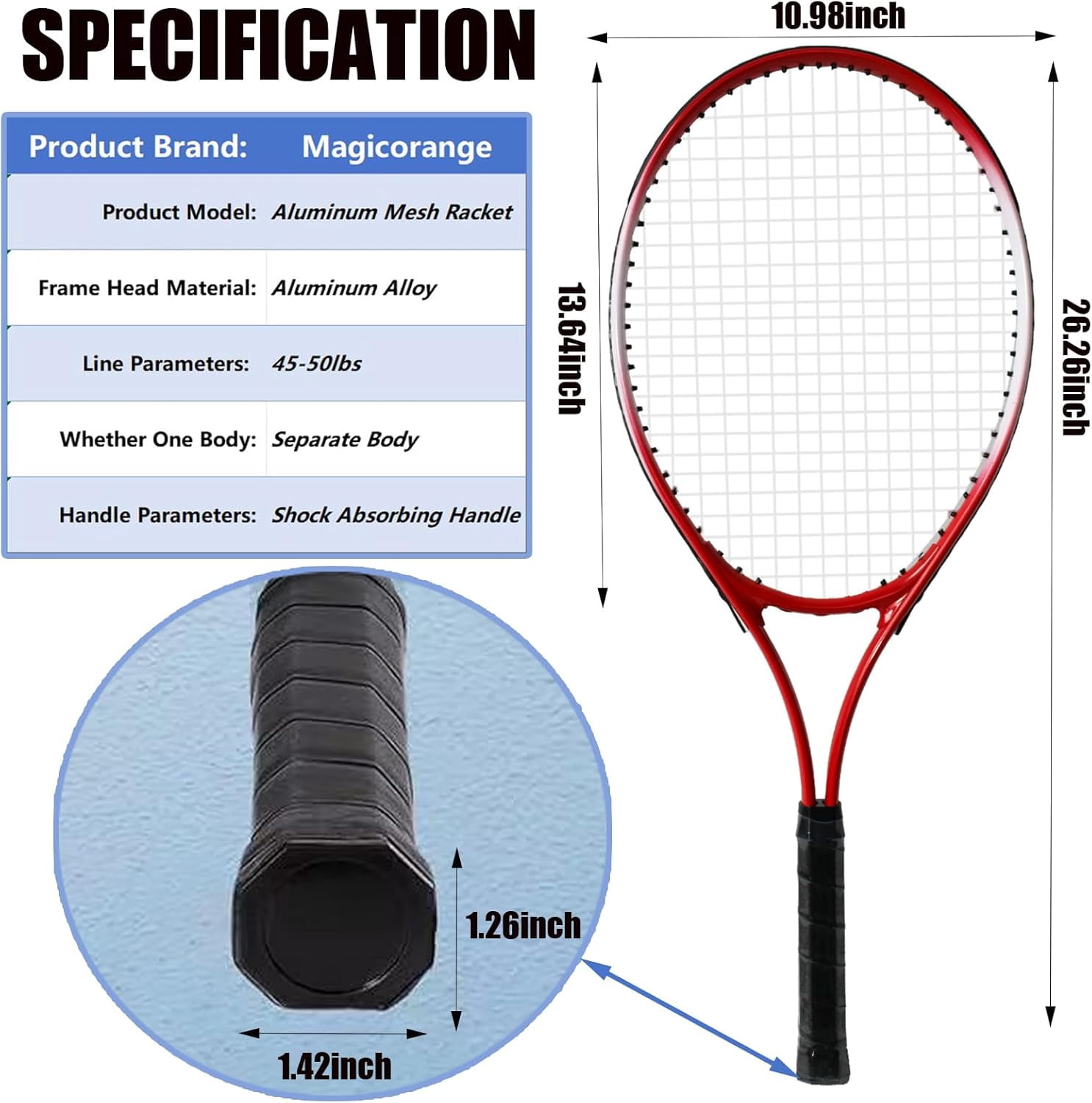 Magicorange Tennis Racket Set of 2 for Adult, 27 inch Length for Beginners and Professional with 4 Balls, 3 Overgrips, 1 Trainer, 1 Tennis Bag (Red)