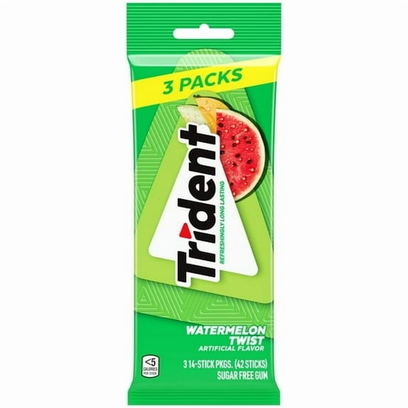 Trident Sugar Free Gum, Watermelon, 3 Packs of 14 Regular Size Pieces (42 Total Pieces)
